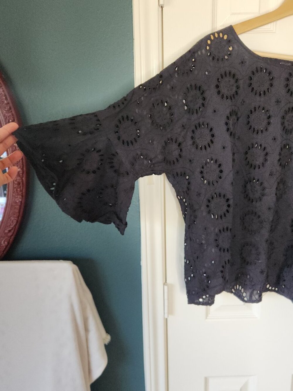 New York & Company Black Eyelet Lace Bell Sleeve Top - Picture 3 of 5